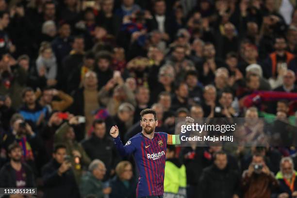 Lionel Messi of Barcelona celebrates as he scores his team's third goal during the UEFA Champions League Round of 16 Second Leg match between FC...