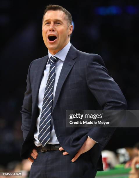 David Joerger of the Sacramento Kings disputes a call during the first quarter against the Boston Celtics at TD Garden on March 14, 2019 in Boston,...