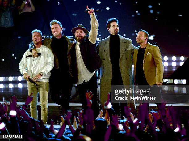 Brian Littrell, Nick Carter, AJ McLean, Kevin Richardson, and Howie Dorough of Backstreet Boys perform on stage at the 2019 iHeartRadio Music Awards...