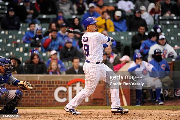 Geovany Soto of the Chicago Cubs bats against the Los Angeles Dodgers on April 22, 2011 at Wrigley Field in Chicago, Illinois. The Dodgers defeated...