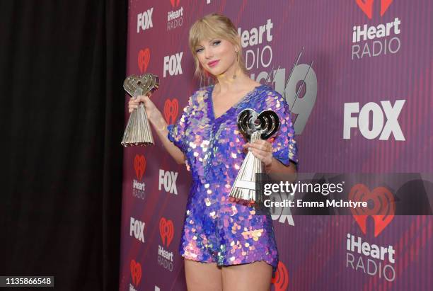 Taylor Swift attends the 2019 iHeartRadio Music Awards which broadcasted live on FOX at Microsoft Theater on March 14, 2019 in Los Angeles,...