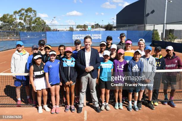 Australian tennis champion Todd Woodbridge OAM with players during a Tennis Australia Media Opportunity at the Australian Junior Championships at...