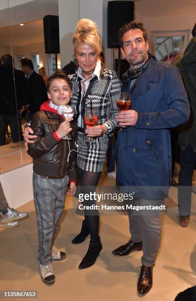 Actress Ursula Gottwald and her son Niklas James Kearney and Dirk Limburg attend the grand opening of the boutique Muenchen Mitte on April 8, 2019 in...
