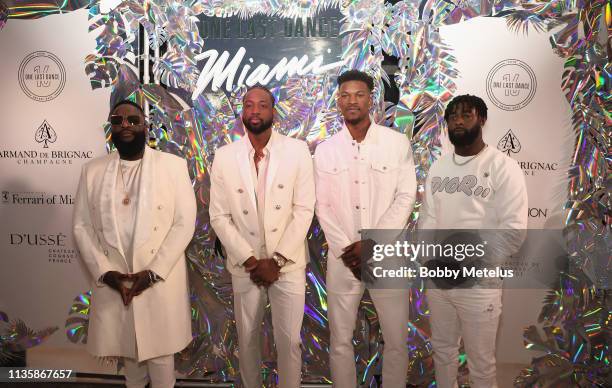 Rick Ross, Dwyane Wade, Jimmy Butler and Reshad Jones attend Dwyane Wade's 16 Year NBA Career Celebration Dinner on April 8, 2019 in Miami, Florida.