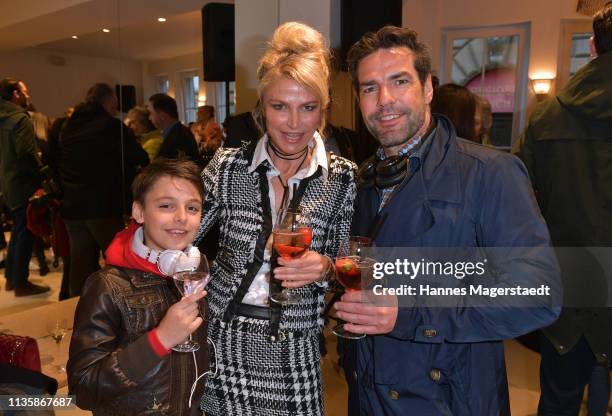 Actress Ursula Gottwald and her son Niklas James Kearney and Dirk Limburg attend the grand opening of the boutique Muenchen Mitte on April 8, 2019 in...