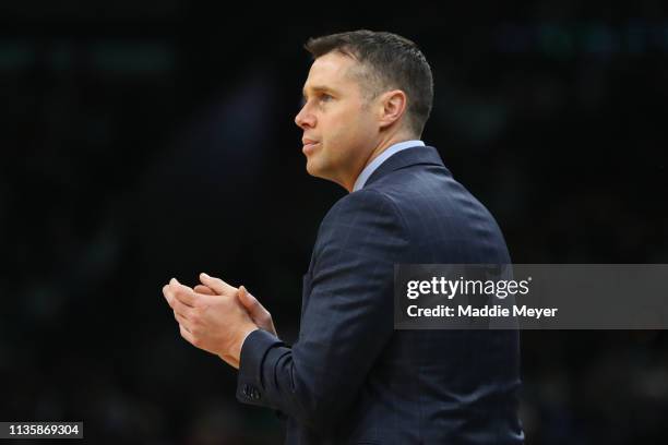 David Joerger of the Sacramento Kings looks on during the first quarter against the Boston Celtics at TD Garden on March 14, 2019 in Boston,...