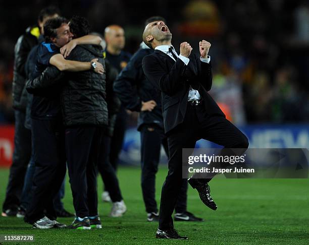 Head coach Josep Guardiola of Barcelona celebrates at the end of the UEFA Champions League Semi Final second leg match between Barcelona and Real...