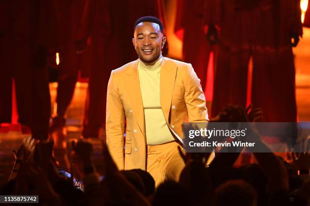 John Legend performs on stage at the 2019 iHeartRadio Music Awards which broadcasted live on FOX at the Microsoft Theater on March 14, 2019 in Los...