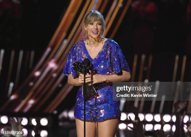 Taylor Swift accepts the Tour of the Year award for Reputation Stadium Tour on stage at the 2019 iHeartRadio Music Awards which broadcasted live on...