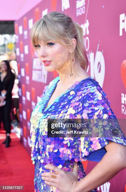 Taylor Swift attends the 2019 iHeartRadio Music Awards which broadcasted live on FOX at Microsoft Theater on March 14, 2019 in Los Angeles,...