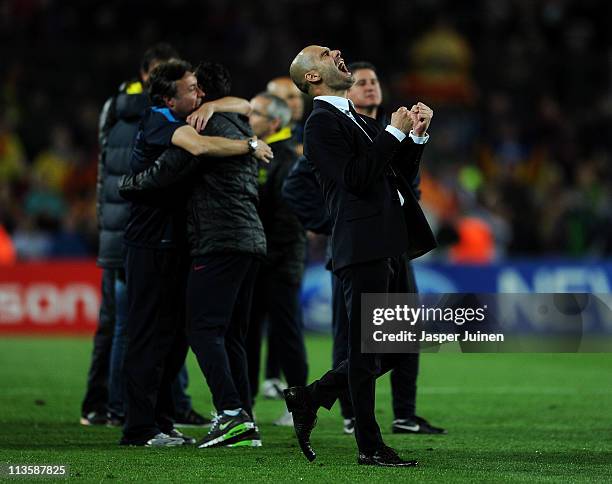 Head coach Josep Guardiola of Barcelona celebrates at the end of the UEFA Champions League Semi Final second leg match between Barcelona and Real...