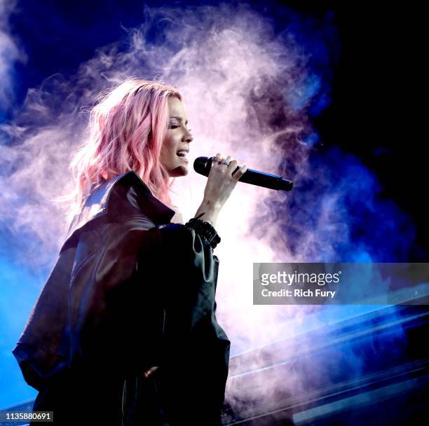 Halsey performs on stage at the 2019 iHeartRadio Music Awards which broadcasted live on FOX at the Microsoft Theater on March 14, 2019 in Los...