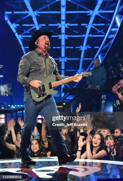 Garth Brooks performs on stage at the 2019 iHeartRadio Music Awards which broadcasted live on FOX at the Microsoft Theater on March 14, 2019 in Los...