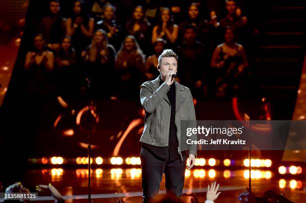 Nick Carter of Backstreet Boys performs on stage at the 2019 iHeartRadio Music Awards which broadcasted live on FOX at the Microsoft Theater on March...