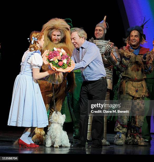 Actors Sophie Evans, David Ganly, Lord Andrew Lloyd Webber, Edward Baker-Duly and Paul Keating bow on stage as Lord Andrew Lloyd Webber visits Sophie...