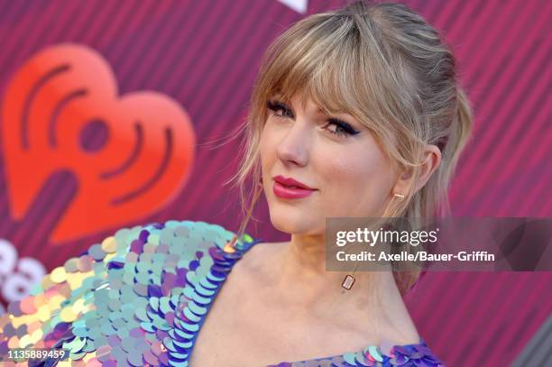 Taylor Swift arrives at the 2019 iHeartRadio Music Awards which broadcasted live on FOX at Microsoft Theater on March 14, 2019 in Los Angeles,...