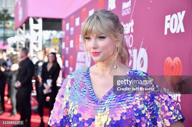 Taylor Swift attends the 2019 iHeartRadio Music Awards which broadcasted live on FOX at Microsoft Theater on March 14, 2019 in Los Angeles,...