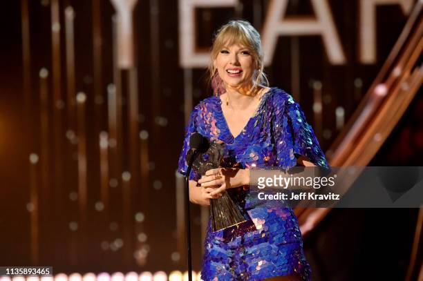 Taylor Swift on stage at the 2019 iHeartRadio Music Awards which broadcasted live on FOX at the Microsoft Theater on March 14, 2019 in Los Angeles,...