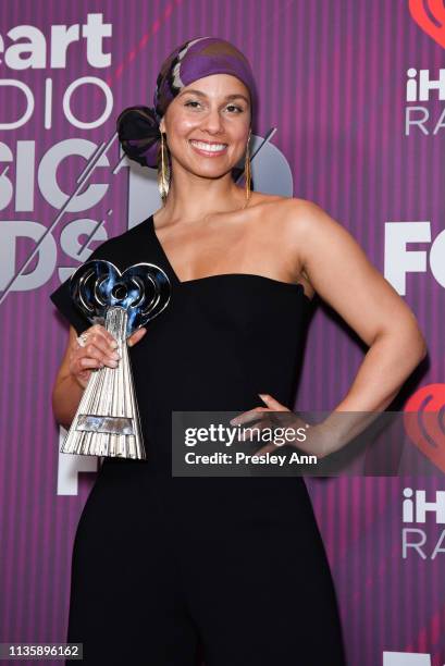 Alicia Keys attends 2019 iHeartRadio Music Awards press room during the 2019 iHeartRadio Music Awards which broadcasted live on FOX at Microsoft...