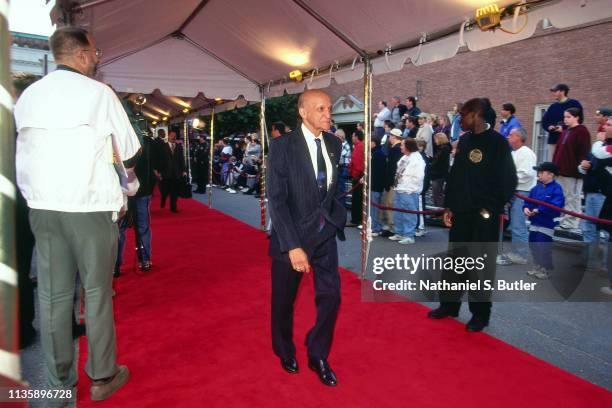 John McLendon arrives before the Basketball Hall of Fame Enshrinement Ceremony on October 2, 1998 at the Naismith Memorial Basketball Hall of Fame in...