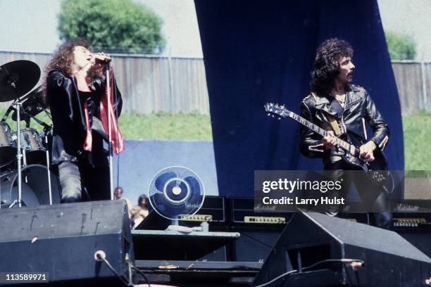 Ronnie James Dio and Tony Iommi performing with 'Black Sabbath' at the Oakland Coliseum in Oakland, California on July 18, 1982.