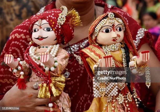 Devotee carry Gangour idol in the occasion of Gangour Teej festival in Guwahati, Assam, India on April 8, 2019. Gangaur Puja or Gangaur Teej is the...