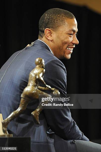 Derrick Rose of the Chicago Bulls poses for pictures after receiving the 2010-11 Kia NBA Most Valuable Player Award on May 3, 2011 in Lincolnshire,...