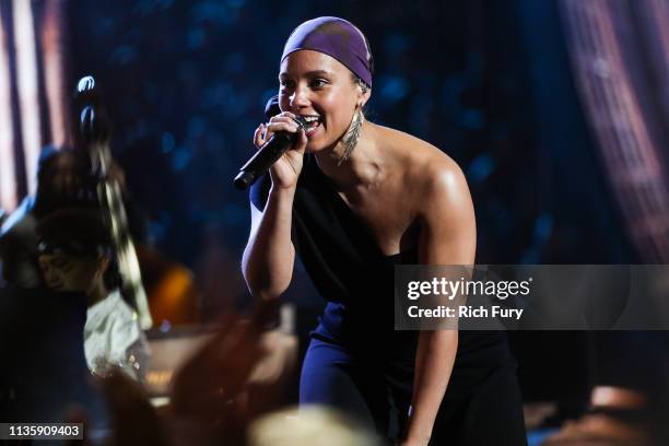 Alicia Keys performs on stage at the 2019 iHeartRadio Music Awards which broadcasted live on FOX at Microsoft Theater on March 14, 2019 in Los...