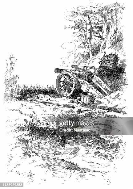 artillery cannon in woods - copse stock illustrations