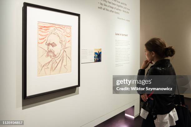 Friedrich Nietzsche' by Norwegian artist Edvard Much is displayed during a press view for the upcoming exhibition 'Edvard Munch: love and angst' at...