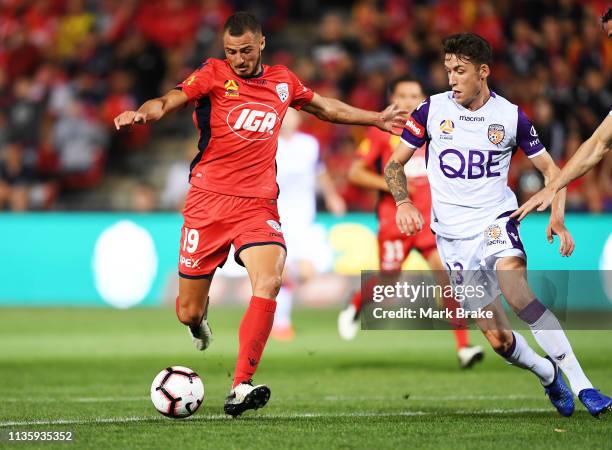 Jordy Thomasson of Adelaide United kicks for goal during the round 22 A-League match between Adelaide United and the Perth Glory at Coopers Stadium...