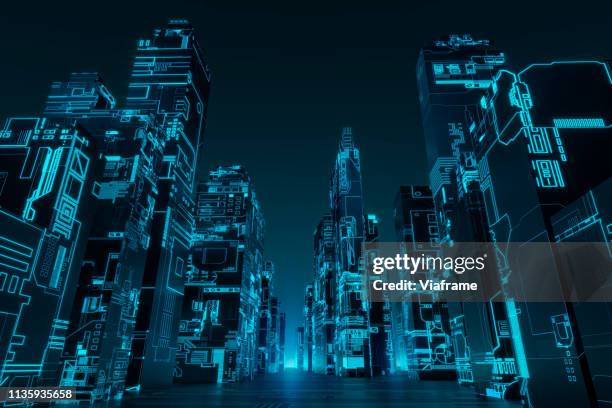 glowing futuristic city - landscape - skyscraper night stock pictures, royalty-free photos & images