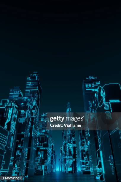 glowing futuristic city - portrait - digitale zukunft straßenverkehr stock-fotos und bilder