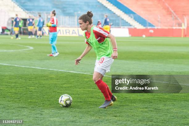 Nina Burger of Austria during warmup prior to the Women's international friendly between Austria and Sweden at BSFZ-Arena on April 9, 2019 in Maria...