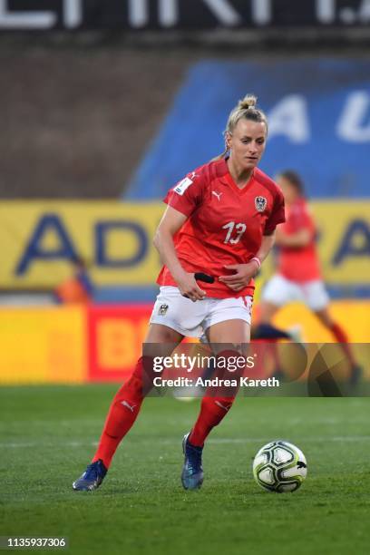 Virginia Kirchberger of Austria controls the ball during the Women's international friendly between Austria and Sweden at BSFZ-Arena on April 9, 2019...