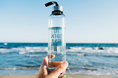 water bottle with the text life without plastic