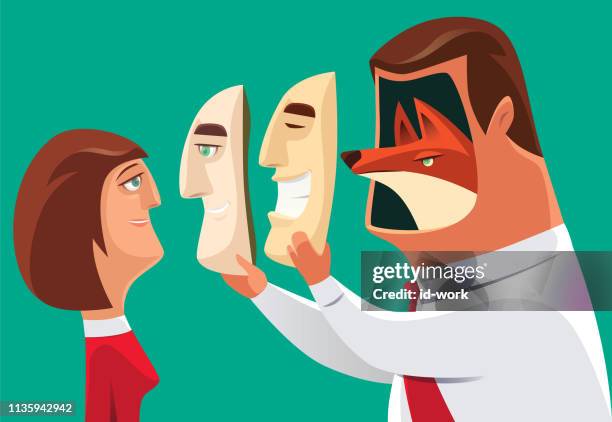 businessman holding two cheerful masks and facing to woman - impersonator stock illustrations