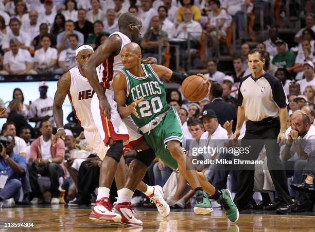 Ray Allen of the Boston Celtics drive around Joel Anthony of the Miami Heat during Game Two of the Eastern Conference Semifinals of the 2011 NBA...