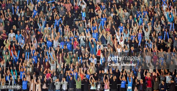 group of spectators cheering in stadium - crowd cheering stock pictures, royalty-free photos & images