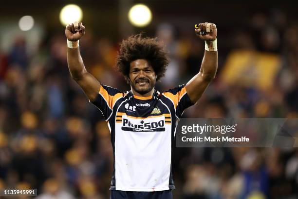 Henry Speight of the Brumbies celebrates victory in the round five Super Rugby match between the Brumbies and the Waratahs at GIO Stadium on March...