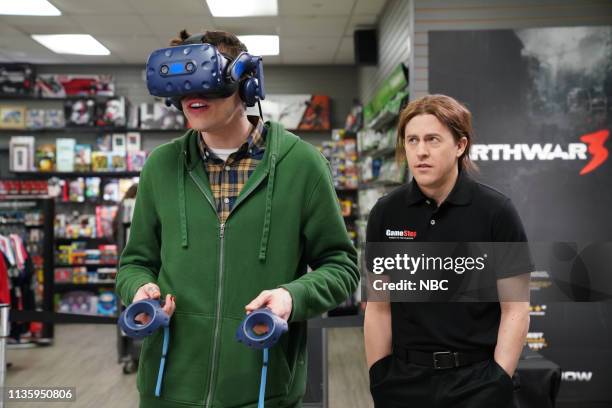 Kit Harington" Episode 1763 -- Pictured: Pete Davidson as a customer and Alex Moffat as a GameStop employee during the "New Video Game" sketch on...
