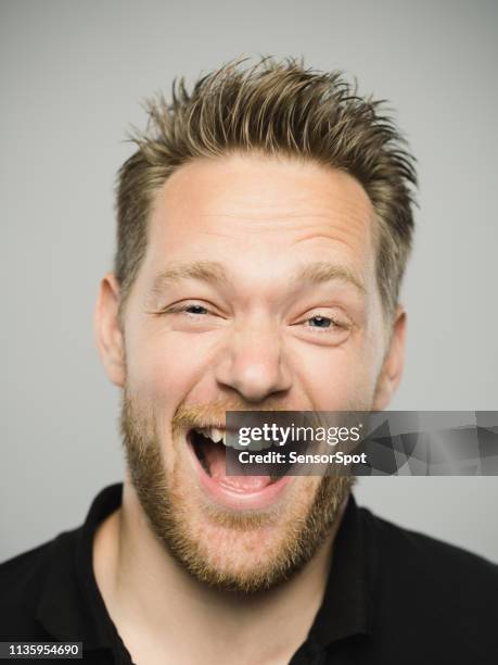 portrait of real caucasian man shouting with excited expression - man mouth open stock pictures, royalty-free photos & images