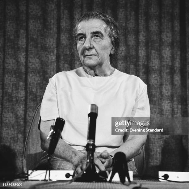 Israeli teacher and politician Golda Meir , 4th Prime Minister of Israel, at a press conference, UK, 17th June 1969.