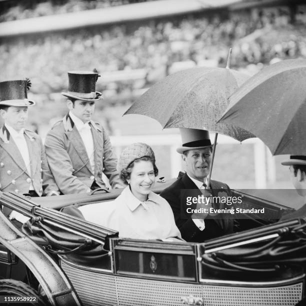 Queen Elizabeth II and Prince Philip arrive on a carriage at Royal Ascot, Ascot Racecourse, UK, 18th June 1969.
