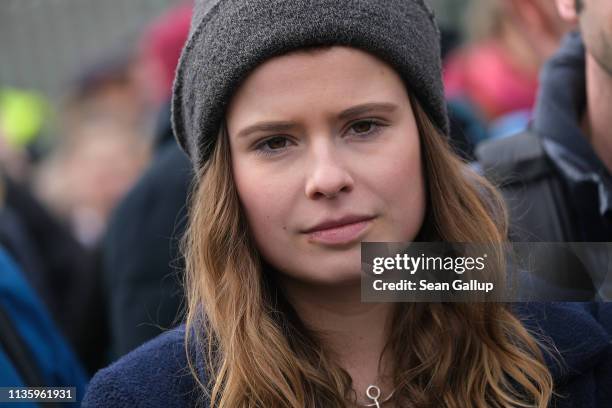 Climate activist Luisa Neubauer attends a FridaysForFuture climate protest march outside the Chancellery on March 15, 2019 in Berlin, Germany....