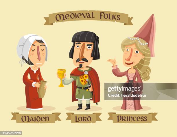medieval characters set - princess-castle-background stock illustrations