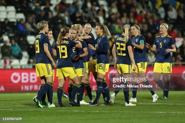 Sweden rejoicing after goal during the Austria v Sweden - Women's International Friendly at BSFZ Suedstadt on April 9, 2019 in Maria Enzersdorf,...