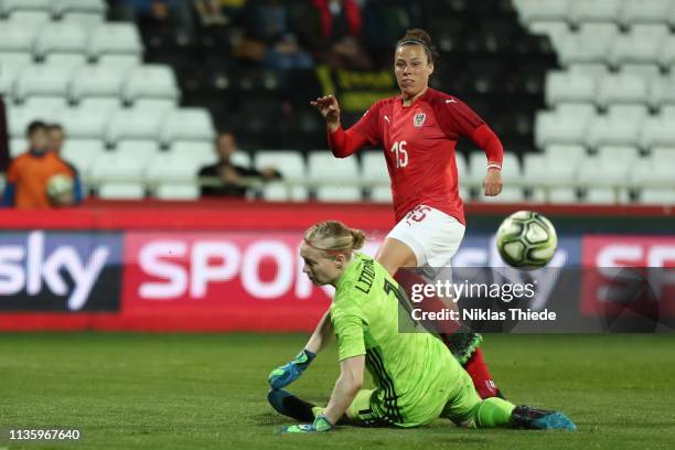 Goal keeper Hedvig Lindahl of Sweden and Nicole&#2013266080;Billa of Austria during the Austria v Sweden - Women's International Friendly at BSFZ...