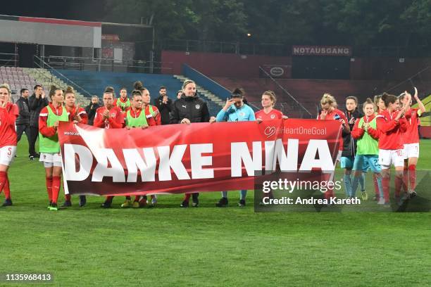 The players of Austria thank Nina Burger of Austria after the Women's international friendly between Austria and Sweden at BSFZ-Arena on April 9,...