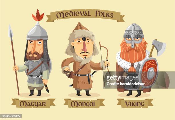 ilustraciones, imágenes clip art, dibujos animados e iconos de stock de personajes medievales establecidos - vikingo